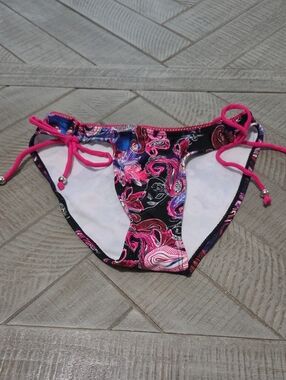 Society Black Paisley Bikini Bottom with Hot Pink Tie-Sides
